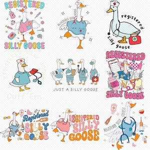 Könnte beinhalten: Eine Sammlung skurriler Illustrationen mit einer Gans in Krankenschwester-Kleidung. Die Designs enthalten die Texte "Registered Silly Goose" und "Just a Silly Goose" mit medizinischen Elementen wie Stethoskopen, Spritzen und Erste-Hilfe-Kästen.