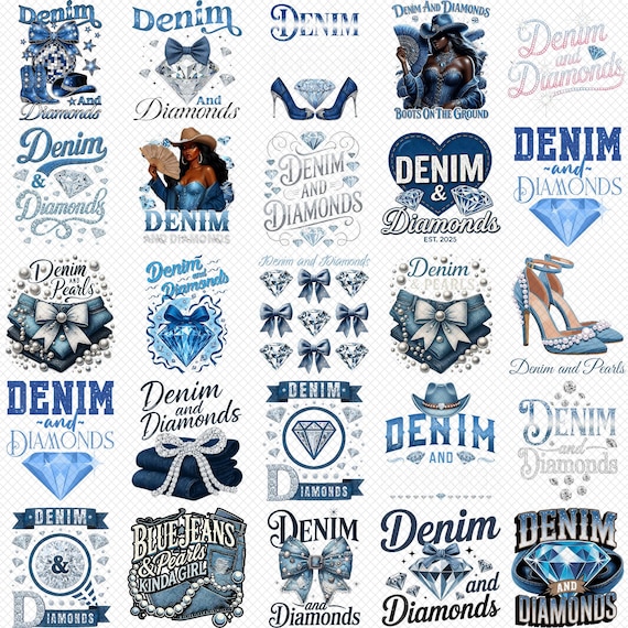 Denim and Diamonds Digital Bundle, Boots on the ground denim Png, Blue Jeans, Pearls, Cowboy Style, Glam Cowgirl Party Design Png