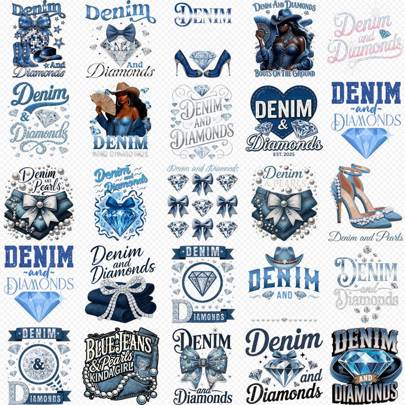 May include: A collection of blue and silver graphic designs with the words "Denim and Diamonds." The designs include bows, diamonds, high heels, and a woman in a denim outfit. The overall theme is fashion and accessories.