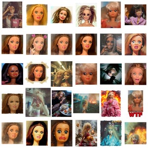 Puede incluir: Un collage de imágenes que presentan caras de muñecas con expresiones exageradas de sorpresa, confusión y consternación. Las muñecas tienen varios peinados y tonos de piel. Algunas imágenes incluyen texto como "mood lately" y "WTF".