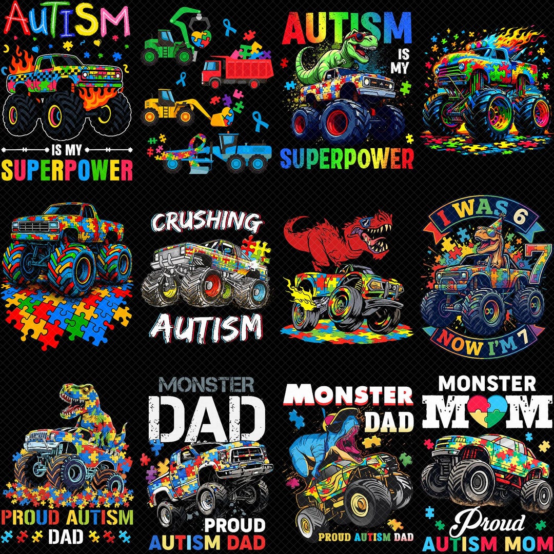 Autism Monster Truck PNG Bundle, Dinosaur Truck Design, Dino T-rex ...