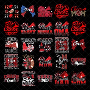 May include: A collection of twenty-five digital graphic designs featuring cheerleading themes. The designs include text such as Cheer Mom, Cheer Dad, Cheer Squad, and Cheer Coach, combined with illustrations of megaphones, pom-poms, and bows.