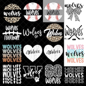 Peut inclure: Une collection de seize designs graphiques numériques présentant le mot Wolves dans diverses polices et styles, incluant des cercles à motif léopard, des motifs de baseball, un nœud, des crosses de hockey, des cœurs et des textes empilés.