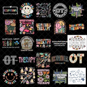 May include: A collection of colorful graphic designs with the words "Occupational Therapy" in various fonts and styles. Some designs feature smiley faces, flowers, and illustrations related to therapy. The designs are on a black background.