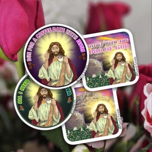 Confezione da 4 adesivi in vinile impermeabili - Confezione "Rising up with Jesus" - Set regalo disegnato a mano cristiano/basato sulla fede - Regalo per gli amanti del caffè