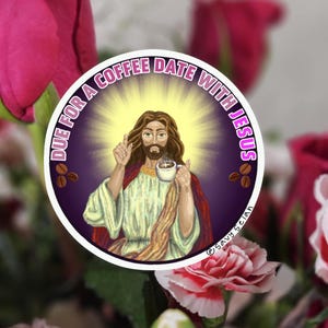 Adesivo in vinile impermeabile e carino - Regali cristiani/religiosi disegnati a mano - Adesivo "Accoglienza per un caffè con Gesù" - Regalo per gli amanti del caffè