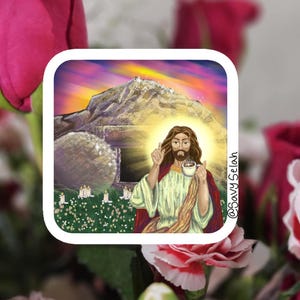 Adesivo in vinile impermeabile e carino - Regali cristiani/religiosi disegnati a mano - La tomba era vuota - Regalo per gli amanti del caffè
