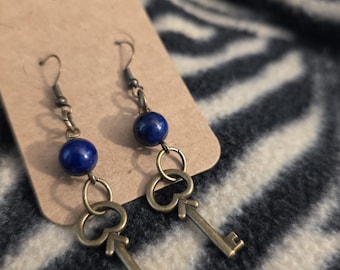Blue and Brass Key Earrings