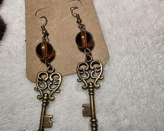 Orange and Brass Key Earrings