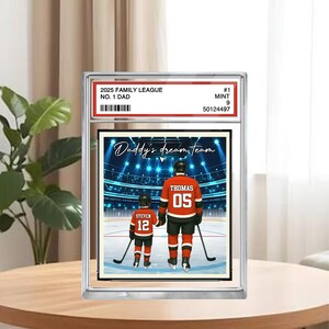 Équipe de rêve de papa de hockey, plaque personnalisée de style carte à collectionner papa homme et enfants n° 1, bloc acrylique personnalisé papa joueur, cadeau pour la fête des pères