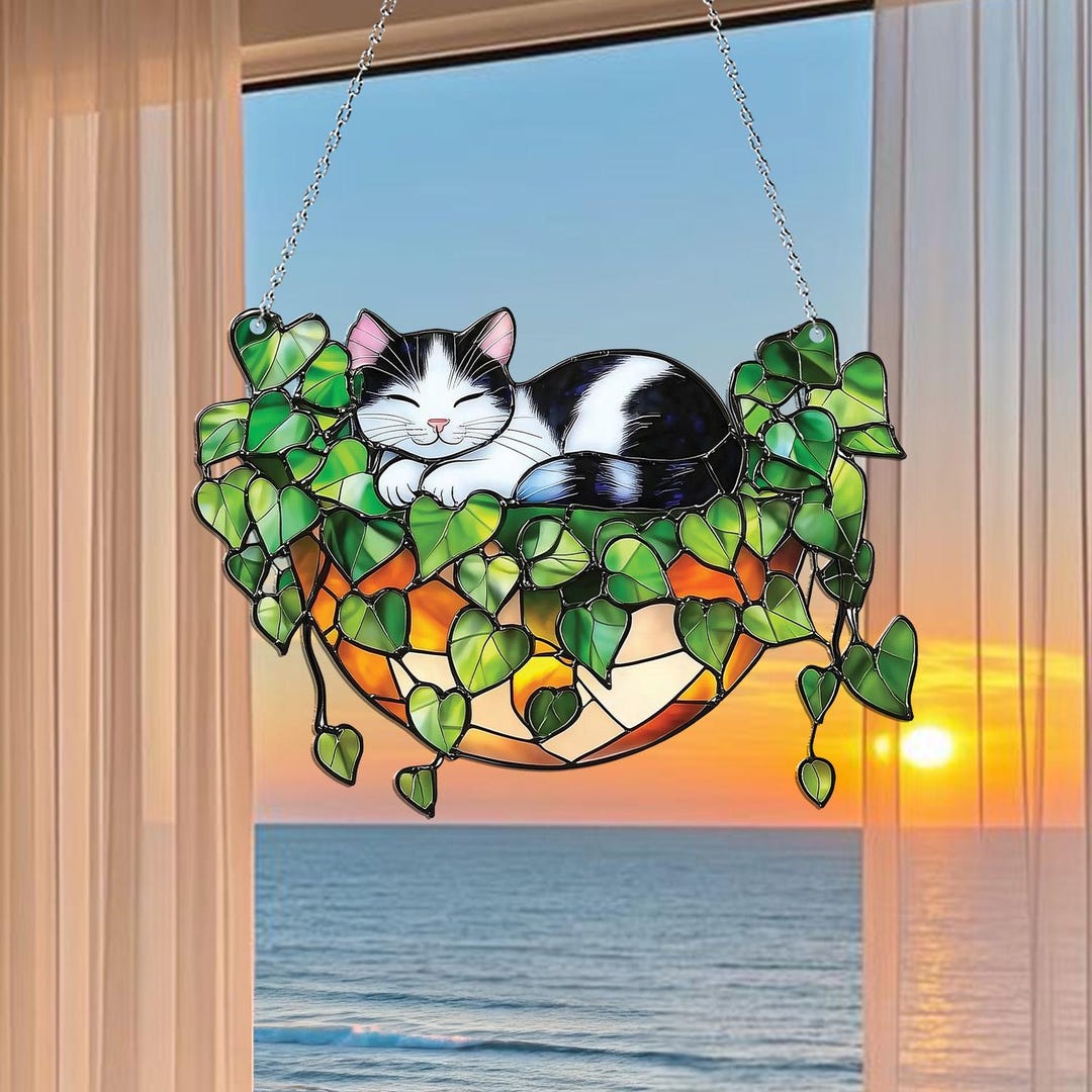 Tuxedo Cat Faux Glass Suncatcher, Black and White Sleeping Kitty in ...