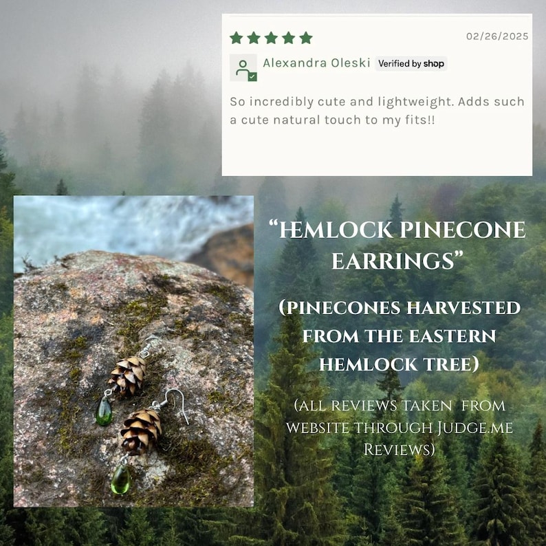 Puede incluir: Pendientes de pi&ntilde;a de hemlock con detalles de l&aacute;grima verde. Los pendientes est&aacute;n hechos de pi&ntilde;as recolectadas del &aacute;rbol de hemlock oriental. La imagen incluye una rese&ntilde;a de un cliente y el texto "Hemlock Pinecone Earrings".