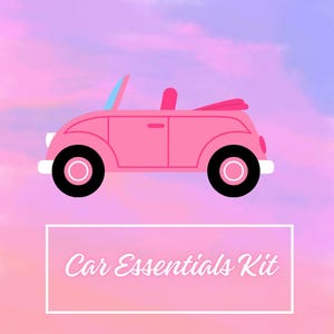 May include: A pink convertible car illustration with black wheels and white accents. The car is set against a pastel pink and purple sky. The text "Car Essentials Kit" is displayed in a white rectangular frame.