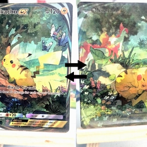 May include: Two Pokemon trading cards featuring Pikachu. One card shows Pikachu with butterflies in a forest setting. The other card depicts Pikachu resting in a field of flowers. Both cards have text including "Pikachu ex" and "Circle Circuit".