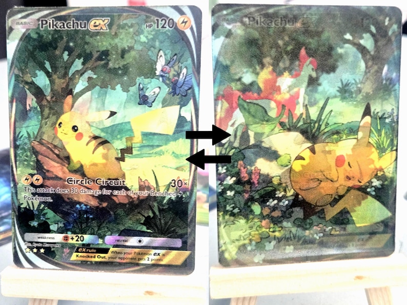 May include: Two Pokemon trading cards featuring Pikachu. One card shows Pikachu with butterflies in a forest setting. The other card depicts Pikachu resting in a field of flowers. Both cards have text including "Pikachu ex" and "Circle Circuit".