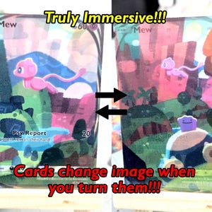 May include: Two trading cards with the name "Mew" and the text "Psy Report". The cards feature a pink creature and a landscape that changes when the cards are turned. The text "Truly Immersive!!!" and "Cards change image when you turn them!!!" are also visible.