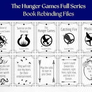 May include: A set of ten printable book spine labels for the Hunger Games series by Suzanne Collins. The labels feature black and white illustrations of the book covers and quotes from the books. The labels are designed to be printed and used to rebind the books.