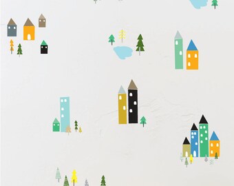 City scene vinyl wall decal, city buildings skyline vinyl decal set, city wall stickers, trees and city vinyl decal, city nursery art