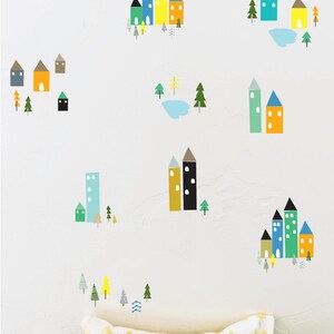 City scene vinyl wall decal, city buildings skyline vinyl decal set, city wall stickers, trees and city vinyl decal, city nursery art image 1