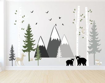 Forest Wall Decal ,Pine Tree Wall Decal, Mountain Wall decal, Nature Room Decor, Kids Room Wall Decal, Black Bear, Birch Trees