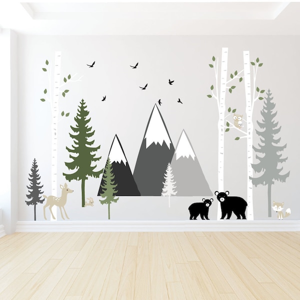Forest Wall Decal ,Pine Tree Wall Decal, Mountain Wall decal, Nature Room Decor, Kids Room Wall Decal, Black Bear, Birch Trees