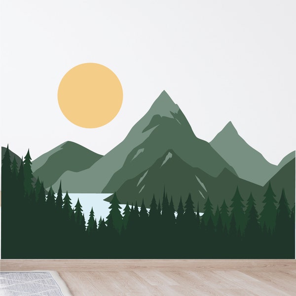 Mountain Wall Decal - Green Nursery Wall Decor - Peel and Stick Wall Mural - Woodland Wall Mural - Forest Wall Mural - Pine Tree Wall Decal