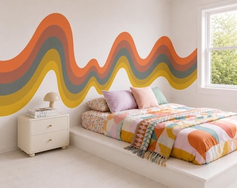 Verwijderbare muurstickers met retro golvende strepen voor de babykamer, speelkamer en boho-decoratie.