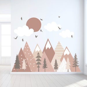 Mountain Wall Decals / Mountain Wall Mural / Boho Woodland / Forest / Pine Tree Fabric Wall Decal / Peel and Stick Vinyl Decals