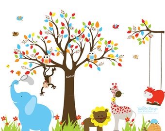 Vinyl Wall Decal  Jungle Safari Tree Monkeys Elephant Giraffe Vinyl Wall Art Decals Nursery Kids Boy girl
