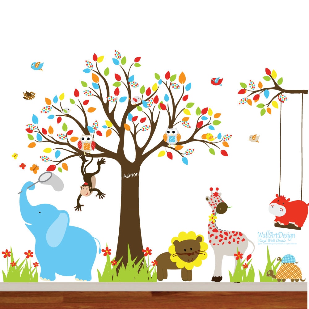 Vinyl Wall Decal Jungle Safari Tree Monkeys Elephant Giraffe Vinyl Wall ...