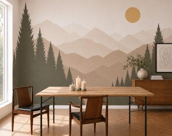 Muursticker met berg- en boslandschap | Stoffen muurschildering | Bosthema kinderkamerdecoratie | Muursticker met bos en bergen | Verwijderbare muurstickers