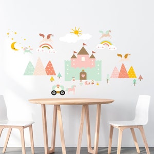 Princess fairy castle with unicorns and rainbows - Wall decal