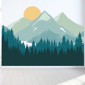 Mountain Wall Decal - Shades of Blue Nursery Wall Decor - Peel and Stick Wall Mural - Woodland Wall Mural - Forest Wall Mural