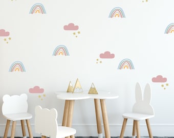 Vinilos decorativos para la pared de la habitación infantil, vinilos de nubes arcoíris en tonos pastel – Decoración bohemia para la habitación infantil