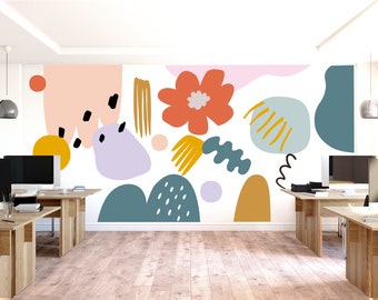 Abstract Shapes Wall Decal, Colorful Peel and Stick Wall Art, Large Mural for Office, Gym, Home, Modern Abstract Stickers, Apartment Wall