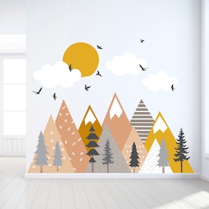 Mountain Wall Decals / Mountain Wall Mural / Boho Woodland / Forest / Pine Tree Fabric Wall Decal / Peel and Stick Vinyl Decals