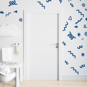 32 Blue Doodle Wall Decals - Nursery Decor - Repositionable, Removable & Reusable Fabric Stickers - Abstract Shapes for kids&#39; Bedroom