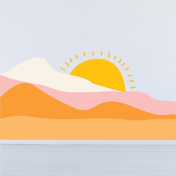 Wall Decal, Retro Boho Mountain Mural , Boho Rainbow Decor, Retro Cali vibe ,Kids Room Decor, Sun Mountain Wall Art, Nursery Wall Decals