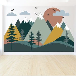 Mountain Wall Decals - Green Forest - Boho Colored Nursery Wall Decor - Mountain Mural - Peel and Stick Mountain Decals