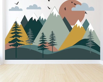 Mountain Wall Decals - Green Forest - Boho Colored Nursery Wall Decor - Mountain Mural - Peel and Stick Mountain Decals