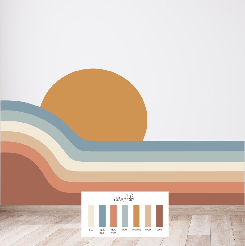 Puede incluir: Una ilustraci&oacute;n digital de una puesta de sol con una paleta de colores c&aacute;lidos. La ilustraci&oacute;n presenta un gran sol naranja con un patr&oacute;n de olas azul, crema y naranja. La paleta de colores est&aacute; etiquetada como "warm boho" con los nombres de los colores: "lawn", "dusty blue", "dusty coral", "storm", "sundance", "cedra" y "camel".