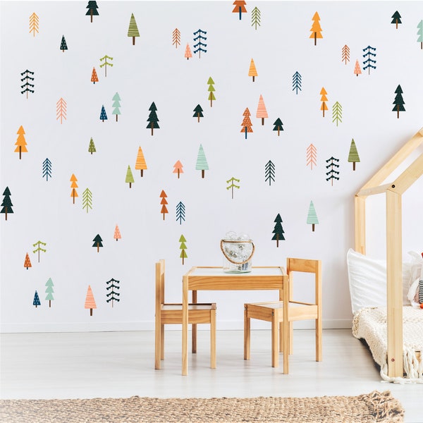 Wall Decal - Magical Woodland - Forest Nursery - Kids Room Wall Decor - Mini colorful Pine Tree Wall Stickers - Gift for Baby Shower