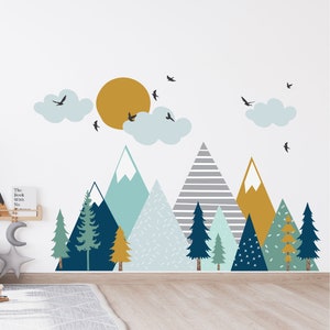 Mountain Wall Decals - Teal, Aqua, Mustard Colored Nursery Wall Decor - Mountain Mural - Peel and Stick Mountains