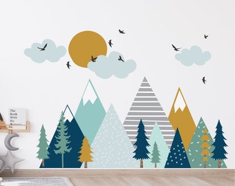 Mountain Wall Decals - Teal, Aqua, Mustard Colored Nursery Wall Decor - Mountain Mural - Peel and Stick Mountains