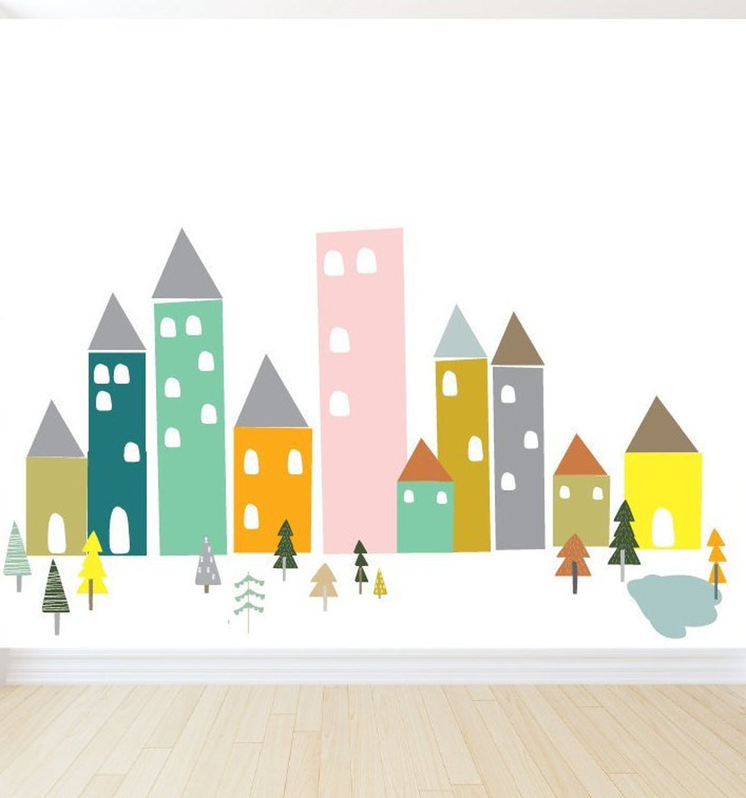 City Wall Decal City Wall Sticker Pastel Colored City Wall Mural Peel