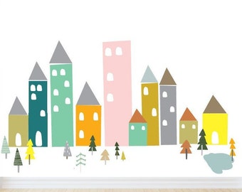 City wall decal - city wall sticker - pastel colored city wall mural - peel and stick city wall sticker