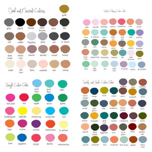 May include: A colour chart with 100 different colour swatches, organised into three categories: Dark and Neutral Colours, Bright Colours, and Earthy and Bob Colours. Each colour swatch is labelled with its name.