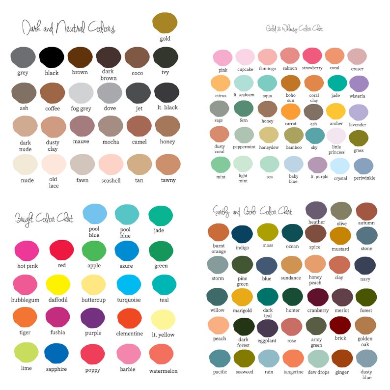 May include: A colour chart with 100 different colour swatches, organised into three categories: Dark and Neutral Colours, Bright Colours, and Earthy and Bob Colours. Each colour swatch is labelled with its name.