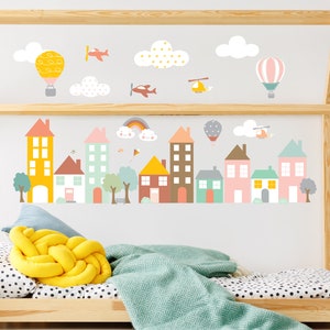 girls cityscape with rainbows  - wall decal