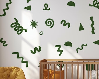 32 pegatinas de tela con garabatos verdes para pared - Decoración infantil - Formas abstractas reposicionables, extraíbles y reutilizables para el dormitorio infantil